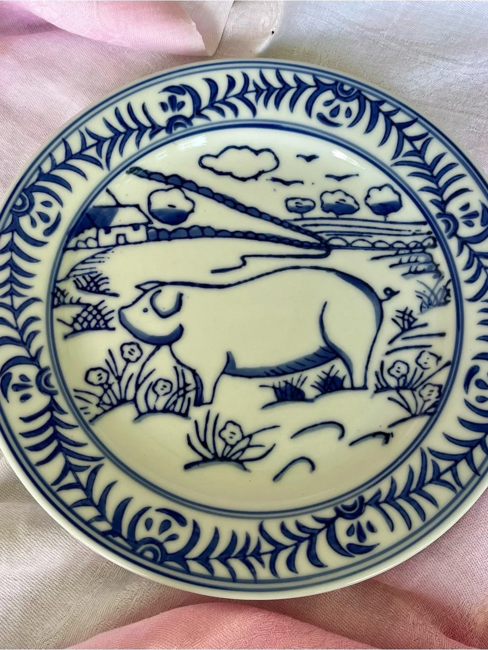 Williams Sonoma Blue and White Brittany Salad Plate Barnyard Pig